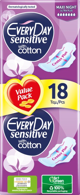 Every Day Sensitive Ultra Plus Maxi Night Σερβιέτες Με Φτερά 18 Τεμάχια