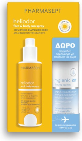 Pharmasept PROMO Heliodor Face & Body Sun Spray SPF50 με Φυσικό Αντηλιακό Φίλτρο Αντηλιακό Προσώπου & Σώματος 165gr & Hygienic Shower Cream Κρεμώδες Αφρόλουτρο Σώματος & Προσώπου 100ml