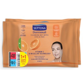 Septona Dermasoft Vitamin C & Micellar Υγρά Μαντηλάκια Καθαρισμού Προσώπου & Ματιών με Βιταμίνη C & Τεχνολογία Micellar 2x20 Τεμάχια