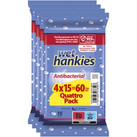 Wet Hankies Υγρά Αντιβακτηριδιακά Μαντηλάκια Χεριών Clean & Protect Antibacterial 4 Πακέτα x 15 Τεμάχια