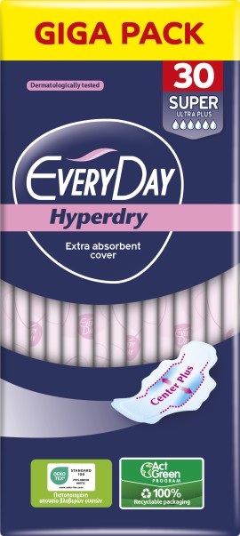 EveryDay Hyperdry Super Ultra Plus Σερβιέτες με Φτερά 6 Σταγόνες Giga Pack 30 Τεμάχια