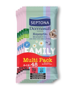 Septona DermaSoft Family Μωρομάντηλα  για Όλη την Οικογένεια με Χαμομήλι Travel Size 48 Τεμάχια [4 Πακέτα x 12 Τεμάχια]