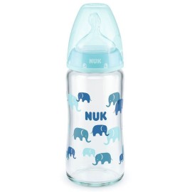 Nuk First Choice+ Γυάλινο Μπιμπερό με Θηλή Σιλικόνης 0-6m+ Χρώμα:Γαλάζιο με Ελεφαντάκια 240ml [10.745.124]