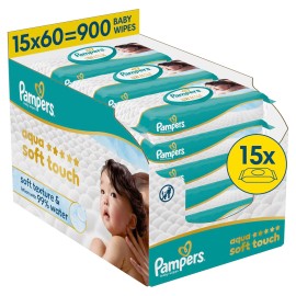 Pampers PROMO Aqua Soft Touch Μωρομάντηλα με 99% Νερό 900 Τεμάχια [15 Πακέτα x 60 Μωρομάντηλα]