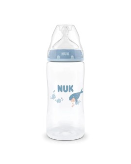 Nuk First Choice για 3m+ Πλαστικό Μπιμπερό Μπλε με Φάλαινες & Δείκτη Ελέγχου Θερμοκρασίας 300ml