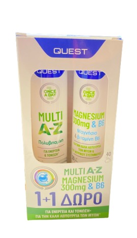 Quest PROMO Multi A-Z Πολυβιταμίνη για Ενέργεια και Τόνωση 20 Αναβράζοντα Δισκία - Magnesium 300mg & B6 για το Νευρικό Σύστημα 20 Αναβράζοντα Δισκία [1+1 ΔΩΡΟ]