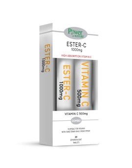 Power Health PROMO Power Of Nature Ester C 1000mg Συμπλήρωμα Διατροφής Υψηλής Απορρόφησης Βιταμίνης C με Στέβια 20 Αναβράζοντα Δισκία - ΔΩΡΟ Vitamin C 500mg με Γεύση Ροδάκινο Πορτοκάλι 20 Αναβράζοντα Δισκία