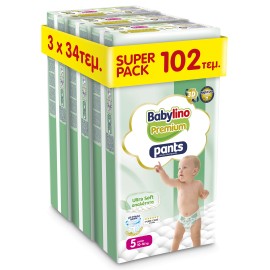Πάνες Βρακάκι Babylino Premium Pants Ultra Soft Απαλότητα No5 Super Pack [10-16kg] 102 Πάνες [3 Πακέτα x 34 Τεμάχια]