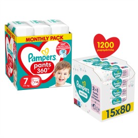 Pampers BUNDLE Pants 360° MSB Μέγεθος 7 [17kg+] 114 Πάνες - Βρακάκι + Baby Wipes Sensitive XXL Monthly Bοx Μωρομάντηλα 1.200 Τεμάχια