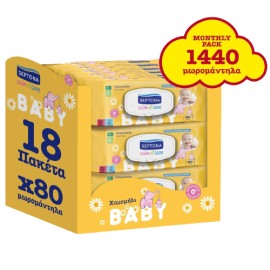 Septona Bundle Calm & Care Μωρομάντηλα με Χαμομήλι με Καπάκι 1.440 Τεμάχια Monthly Pack [18 Πακέτα x 80 Τεμάχια]
