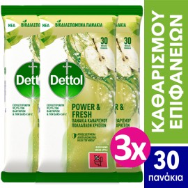 Dettol SET Υγρά Απολυμαντικά Πανάκια Καθαρισμού Επιφανειών με Άρωμα Πράσινο Μήλο 3x30 Tεμάχια