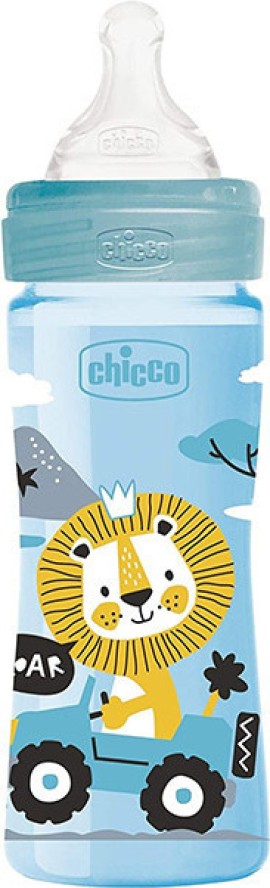 Chicco Well Being Πλαστικό Μπιμπερό Σιέλ με Σχέδια με Θηλή Σιλικόνης Μέτριας Ροής για 2m+ 250ml