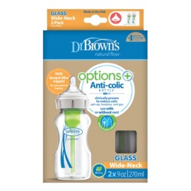 Dr Browns Options+ Anti-Colic Γυάλινο Μπιμπερό με Φαρδύ Λαιμό & Θηλή Σιλικόνης για 0m+ 2x270ml
