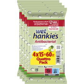 Wet Hankies Υγρά Αντιβακτηριδιακά Μαντηλάκια Χεριών με Άρωμα Πράσινο Μήλο Clean & Protect 4x15 Τεμάχια [60 Τεμάχια]