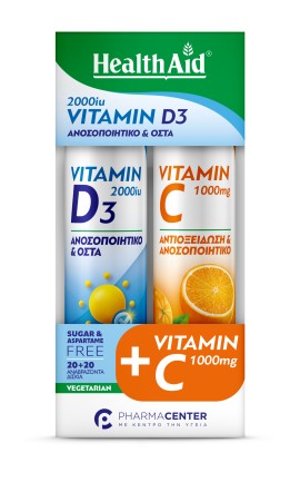 Health Aid PROMO Vitamin D3 2000iu Ανοσοποιητικό & Οστά  & Vitamin C 1000mg Αντιοξείδωση & Ανοσοποιητικό με Γεύση Πορτοκάλι 20+20 Αναβράζουσες Ταμπλέτες