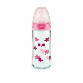 Nuk First Choice+ Γυάλινο Μπιμπερό με Θηλή Σιλικόνης 0-6m+ Χρώμα:Ροζ με Πουλάκια 240ml [10.745.124]