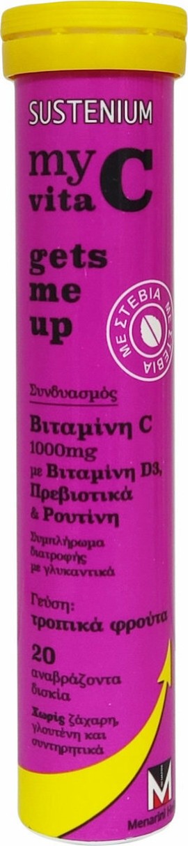 Menarini Sustenium My Vita C Gets Me Up Vit C 1000mg D + PreBiotics Tropical Fruit Συμπλήρωμα Διατροφής με Πρεβιοτικά και Ρουτίνη με Γεύση Τροπικά Φρούτα 20 Αναβράζοντα Δισκία