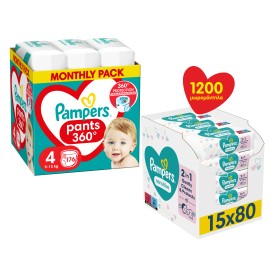 Pampers BUNDLE Pants 360° MSB Μέγεθος 4 [9-15kg] 176 Πάνες - Βρακάκι + Baby Wipes Sensitive XXL Monthly Bοx Μωρομάντηλα 1.200 Τεμάχια