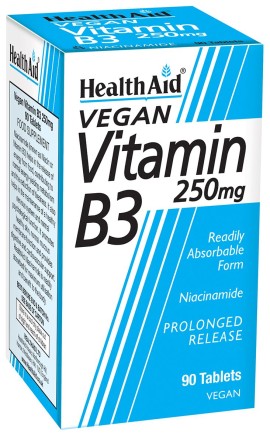 Health Aid Vitamin B3 (Niacin) 250mg, Χρήσιμη για την παραγωγή ενέργειας από την τροφή, στην ακμή και στη διατήρηση σωστών επιπέδων χοληστερόλης (HDL-LDL), 90 tabs