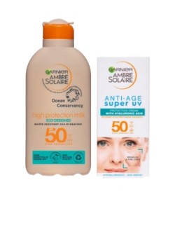 Garnier BUNDLE Ambre Solaire Ocean Protect High Protection Milk SPF50 Αντηλιακό Γαλάκτωμα Σώματος 200ml - Anti Age Super UV Face Cream SPF50 Αντηλιακή - Αντιρυτιδική Κρέμα Προσώπου 50ml