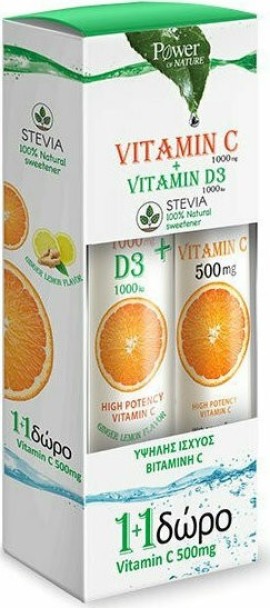 Power Health PROMO Vitamin C 1000mg + D3 1000IU Με Στέβια 24 Αναβράζοντα Δισκία - ΔΩΡΟ Vitamin C 500mg 20 Αναβράζοντα Δισκία