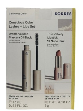 Korres PROMO Consicious Colour Lashes & Lips Set Drama Volume Mascara 01 Black για Μεγάλες & Πυκνές Βλεφαρίδες 13ml & True Velvety Lipstick 13 Nude Pink Κραγιόν με Κρεμώδη Υφή 3gr