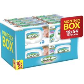 Μωρομάντηλα BabyCare 0% Perfume με Καπάκι Monthly Box 864 Τεμάχια [16 Πακέτα x 54 Μωρομάντηλα]