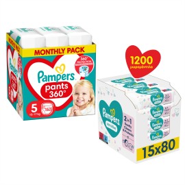 Pampers BUNDLE Pants 360° MSB Μέγεθος 5 [12-17kg] 152 Πάνες - Βρακάκι + Baby Wipes Sensitive XXL Monthly Bοx Μωρομάντηλα 1.200 Τεμάχια