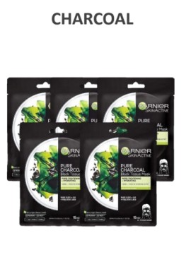 Garnier BUNDLE X5 Charcoal Black Tissue Masks Υφασμάτινες Μάσκες Ενυδάτωσης Προσώπου με Ενεργό Άνθρακα 5 Τεμάχια x 28gr