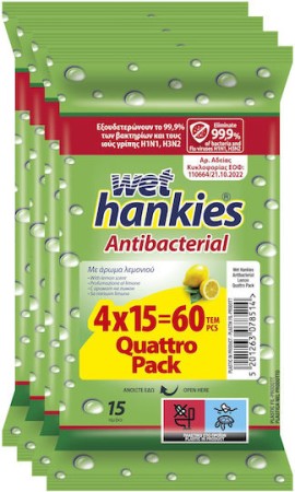 Wet Hankies Υγρά Αντιβακτηριδιακά Μαντηλάκια Χεριών με Άρωμα Λεμόνι Clean & Refresh Antibacterial Lemon 60 Τεμάχια [4 Πακέτα x 15 Τεμάχια]