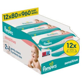Pampers Baby Wipes Sensitive XL Monthly Bοx Μωρομάντηλα 12x80 Τεμάχια [960 Τεμάχια]