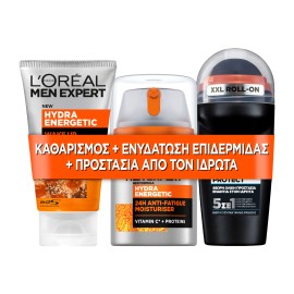 LOreal Paris PROMO Men Expert Hydra Energetic Moisturizer 24ωρη Ενυδατική Κρέμα 50ml - Carbon Protect Αποσμητικό Roll on 50ml - Face Wash Καθαρισμός Προσώπου 100ml
