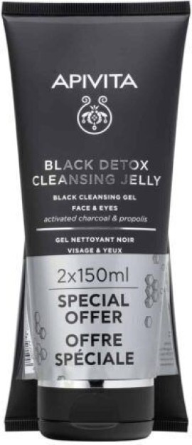 Apivita PROMO Black Detox Cleansing Jelly Face & Eyes Gel Καθαρισμού Προσώπου και Ματιών με Ενεργό Άνθρακα 2x150ml