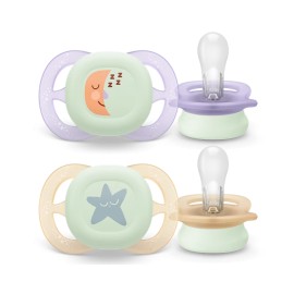 Avent Philips Soother Ultra Start Night Time Ορθοδοντικές Πιπίλες Σιλικόνης για 0-2m Μωβ - Μπεζ με Σχέδια 2 Τεμάχια [SCF075/07]