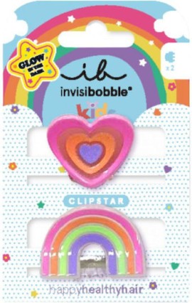Invisibobble Clipstar Glow Kids  Happy Heart Παιδικά Κλιπ Μαλλιών που Φωσφορίζουν 2 Τεμάχια