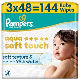Pampers PROMO Aqua Soft Touch Μωρομάντηλα με 99% Νερό 144 Τεμάχια [3 Πακέτα x 48 Μωρομάντηλα]
