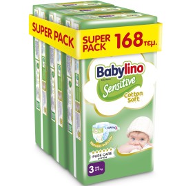 Πάνες Babylino Sensitive Cotton Soft Νο3 Midi [4-9kg] Super Pack 168 Πάνες [3 Πακέτα x 56 Τεμάχια]