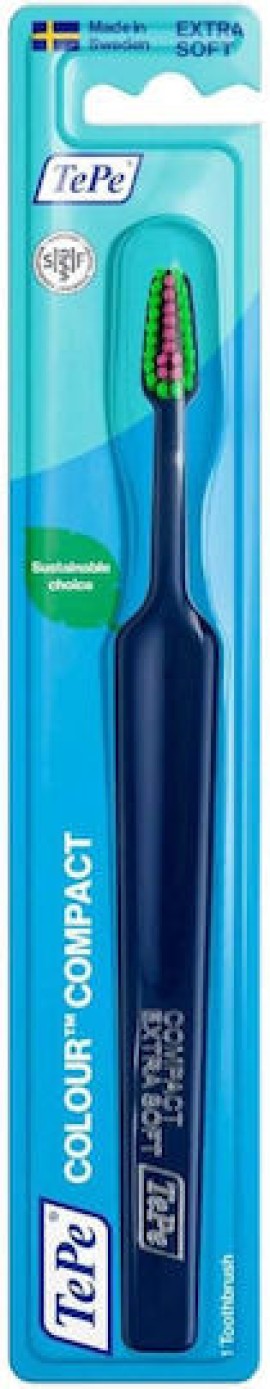 TePe Compact Extra Soft Οδοντόβουρτσα Πολύ Μαλακή Σκούρο Μπλε με Πράσινες & Φούξια Ίνες 1 Τεμάχιο