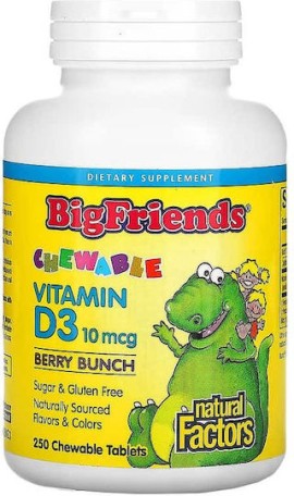 Natural Factors Big Friends Βιταμίνη D3 10mcg Παιδική Βιταμίνη για Ενίσχυση του Ανοσοποιητικού & των Οστών Γεύση Μούρων 250 Μασώμενα Δισκία