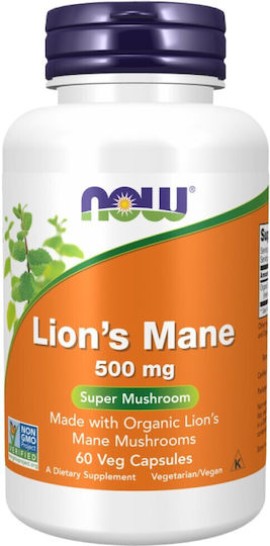 Now Foods Lions Mane 500mg Mushroom Organic για την Καλή Υγεία των Νευρώνων 60 Φυτικές Κάψουλες