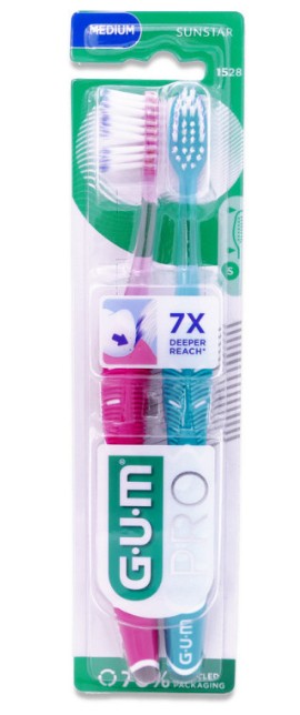 Gum Pro 1528 Medium Οδοντόβουρτσα Μέτρια σε Διάφορους Χρωματισμούς 2 Τεμάχια