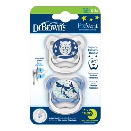 Dr Browns PreVent Ορθοδοντική Πιπίλα Σιλικόνης Νυκτός για 0-6m Αγόρι 2 Τεμάχια σε Θήκη [PV12008]