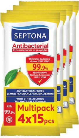 Wet Hankies Υγρά Αντιβακτηριδιακά Μαντηλάκια Χεριών με Άρωμα Λεμόνι Antibacterial Lemon 60 Τεμάχια [4 Πακέτα x 15 Τεμάχια]