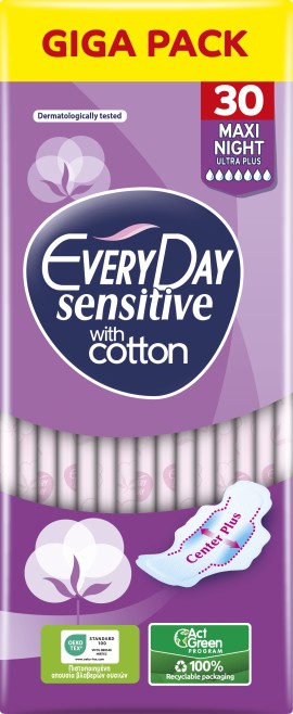EveryDay Sensitive With Cotton Maxi Night Σερβιέτες με Φτερά 7 Σταγόνες Giga Pack 30 Τεμάχια