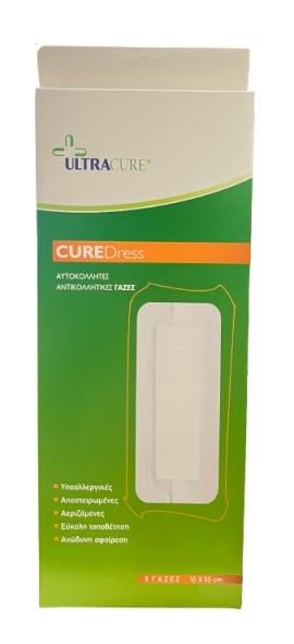 GoldMed Ultra Cure Αυτοκόλλητες Αντικολλητικές Γάζες 10x30cm Λευκό 3 Γάζες