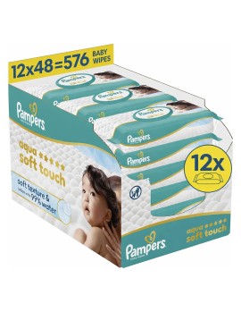 Pampers PROMO Aqua Soft Touch Μωρομάντηλα με 99% Νερό με Καπάκι 576 Τεμάχια [12 Πακέτα x 48 Μωρομάντηλα]