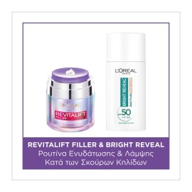 LOreal Paris PROMO Revitalift Filler Ενυδατική Κρέμα Ημέρας με Υαλουρονικό Οξύ για Επανόρθωση Όγκου 50ml & Bright Reveal SPF50+ Μεσαία Απόχρωση Bronze Κατά των Κηλίδων 50ml