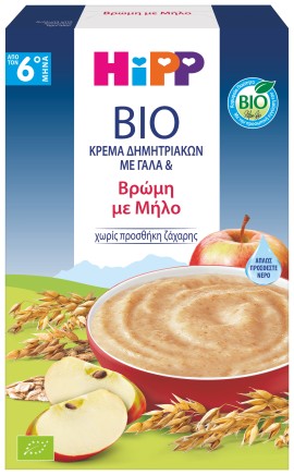 HiPP BIO Κρέμα Δημητριακών με Γάλα & Βρώμη με Μήλο Κατάλληλη για Βρέφη από τον 6ο Μήνα 250gr