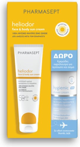 Pharmasept PROMO Heliodor Face & Body Sun Cream SPF50 με Φυσικό Αντηλιακό Φίλτρο Αντηλιακή Κρέμα Προσώπου & Σώματος 150ml & Hygienic Shower Cream Κρεμώδες Αφρόλουτρο Σώματος & Προσώπου 100ml