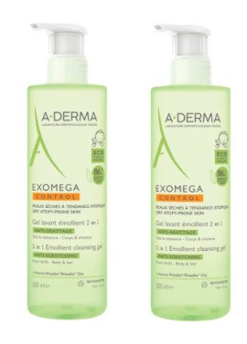 A-Derma PROMO Exomega Control Μαλακτικό Gel Καθαρισμού 2 σε 1 Κατά του Αισθήματος Κνησμού 2x500ml